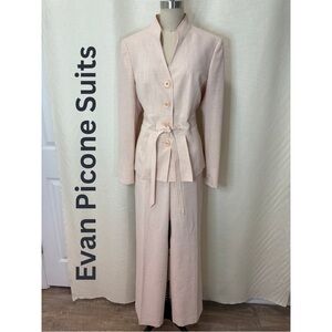 Evan Picone Blush Pink Pant Suit Set Belted Jacket Wide Leg 2Pc 12